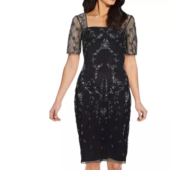 Adrianna Papell - Mesh-Sleeve Beaded Dress - Picture 1 of 13